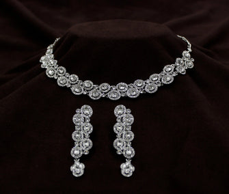 Silver Plated Austrian Diamond Round Shape Design Choker Necklace Jewellery Set - Aanya
