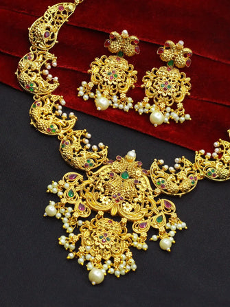 Antique Gold Plated Pearl & Stone Work Choker Necklace Jewellery Set - Aanya
