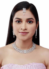 Dazzling Alloy Austrian Diamond Silver Plated Choker Necklace Set - Aanya