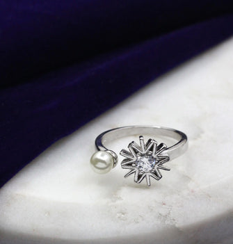Delicate Floral Pearl 925 Silver Adjustable Ring - Aanya