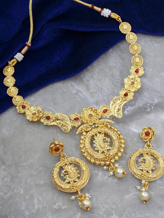 Ethnic Floral Peacock Antique Gold Plated Necklace set - Aanya