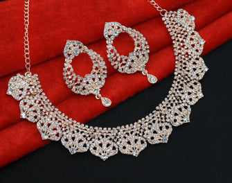 Ethnic Glamorous Design Rose Gold Plated Austrian Diamond Choker Necklace Jewellery Set - Aanya