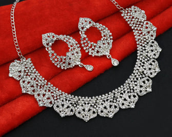 Ethnic Glamorous Design Silver Plated Austrian Diamond Choker Necklace Jewellery Set - Aanya
