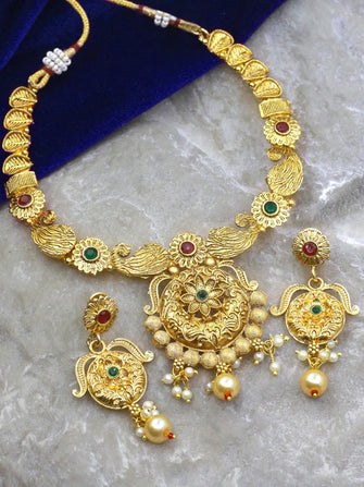 Floral Antique Gold Plated Necklace Set - Aanya