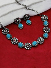 Glamorous Look Black Plating Floral Design Kundan Stone work Chokar Necklace Jewellery Set - Aanya