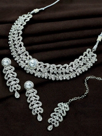 Glimmery Silver Plated Party Wear Design Austrian Diamond Choker Necklace Jewellery Set - Aanya