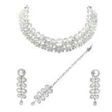 Glimmery Silver Plated Party Wear Design Austrian Diamond Choker Necklace Jewellery Set - Aanya