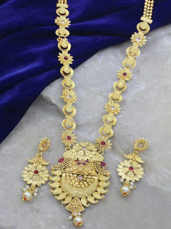 Glossy Antique  Gold Plated Kempu Stone & Pearl Work Beautiful Long Necklace Set - Aanya