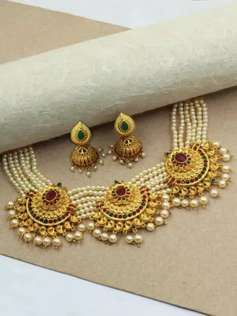 Latest Antique Matte Gold Finish Wonderful Choker Necklace Set For Stylish Look - Aanya