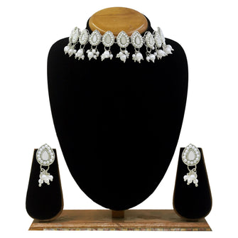 Leafy  Mirror Work Silver Plated White Pearl & Beads Alloy Choker Necklace Jewellery Set - Aanya