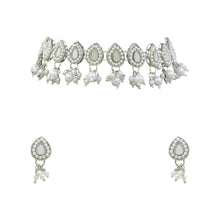 Leafy  Mirror Work Silver Plated White Pearl & Beads Alloy Choker Necklace Jewellery Set - Aanya