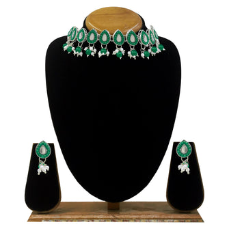 Leafy Design Mirror Work Silver Plated Green Pearl & Beads Alloy Choker Necklace Jewellery Set - Aanya