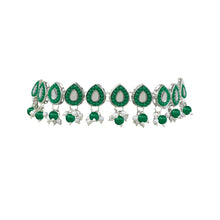 Leafy Design Mirror Work Silver Plated Green Pearl & Beads Alloy Choker Necklace Jewellery Set - Aanya