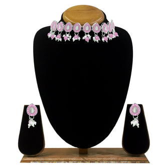 Leafy Design Mirror Work Silver Plated Pink Pearl & Beads Choker Necklace Jewellery Set - Aanya