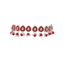 Leafy Design Mirror Work Silver Plated Red Pearl & Beads Choker Necklace Jewellery Set - Aanya