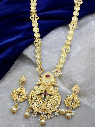 Leafy Shape Gold Plated Kempu Stone & Pearl Work Long Necklace Set - Aanya