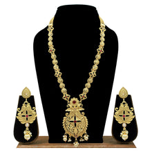 Leafy Shape Gold Plated Kempu Stone & Pearl Work Long Necklace Set - Aanya
