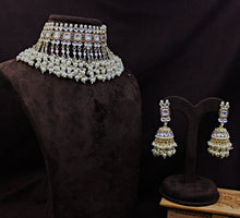 Meena Work Kundan Stone Pearl Choker Necklace Jewellery Set - Aanya
