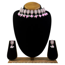 Oval Shape Ethnic Design Mirror Work Silver Plated  Pink Pearl & Beads Choker Necklace Jewellery Set - Aanya