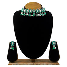 Oval Shape Ethnic Design Mirror Work Silver Plated Green Pearl & Beads Alloy Choker Necklace Jewellery Set - Aanya