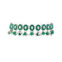 Oval Shape Ethnic Design Mirror Work Silver Plated Green Pearl & Beads Alloy Choker Necklace Jewellery Set - Aanya