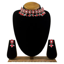 Oval Shape Ethnic Design Mirror Work Silver Plated Red Pearl & Beads Alloy Choker Necklace Jewellery Set - Aanya