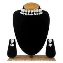 Oval Shape Ethnic Design Mirror Work Silver Plated White Pearl & Beads  Choker Necklace Jewellery Set - Aanya
