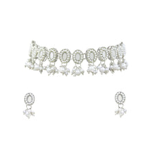 Oval Shape Ethnic Design Mirror Work Silver Plated White Pearl & Beads  Choker Necklace Jewellery Set - Aanya