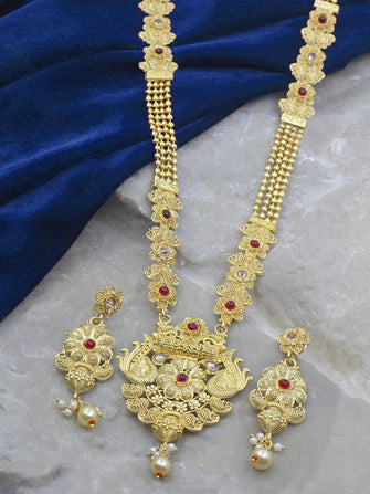 Peacock Feather Antique Gold Plated Long Necklace Set - Aanya