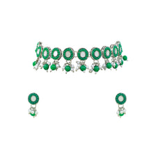 Round Shape Design Mirror Work Silver Plated Green Pearl & Beads Choker Necklace Jewellery Set - Aanya
