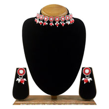 Round Shape Design Mirror Work Silver Plated Red Pearl & Beads Choker Necklace Jewellery Set - Aanya