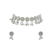 Round Shape Design Mirror Work Silver Plated White Pearl & Beads Choker Necklace  Set - Aanya