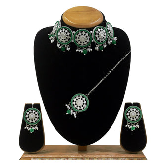 Round Shape Design Square Mirror  Pearl & Beads Alloy Choker Necklace Set - Aanya