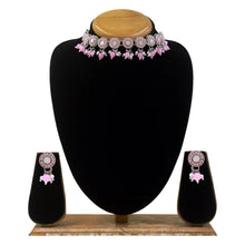 Round Shape Mirror Work Silver Plated Pink Pearl & Beads Choker Necklace  Jewellery Set - Aanya