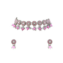 Round Shape Mirror Work Silver Plated Pink Pearl & Beads Choker Necklace  Jewellery Set - Aanya