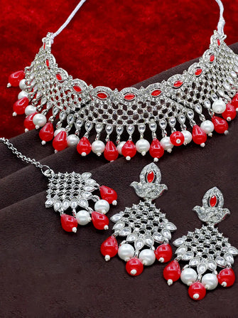 Silver Plated Artificial Stone & Beads Studded Choker Neckalce Set - Aanya