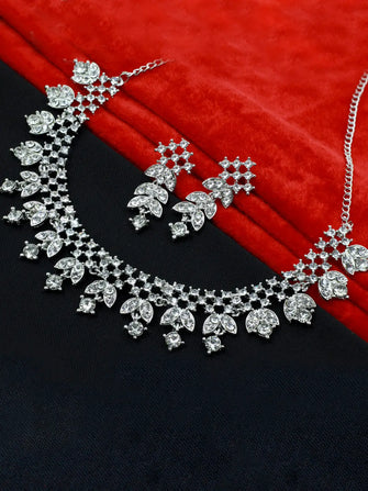 Silver Plated Simple & Beautiful Design Austrian Diamond Alloy Choker Necklace Jewellery Set - Aanya