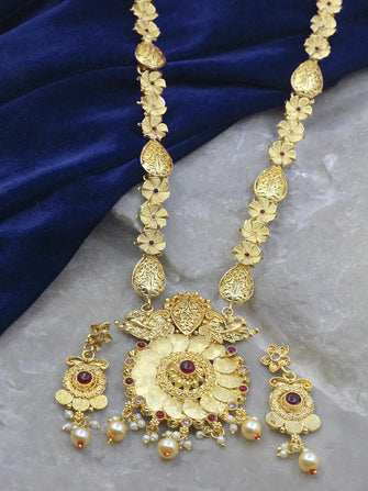 South Indian  Gold Plated Kempu Stone & Pearl Studded Long Necklace Set - Aanya