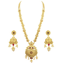 South Indian Antique Brass Gold Plated Kempu Stone & Pearl Studded Long Necklace Set - Aanya