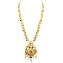 South Indian Antique Brass Gold Plated Kempu Stone & Pearl Studded Long Necklace Set - Aanya