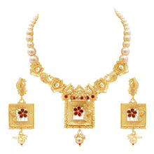 Square Floral sided Antique Gold Plated Necklace set - Aanya
