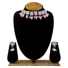 Square Shape Design Mirror Work Silver Plated Pink Pearls & Beads Alloy Choker Necklace Jewellery Set - Aanya