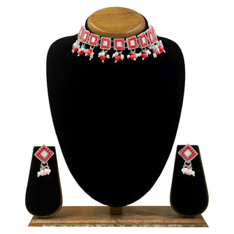 Square Shape Design Mirror Work Silver Plated Red Pearls & Beads Alloy Choker Necklace  Jewellery Set - Aanya