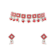 Square Shape Design Mirror Work Silver Plated Red Pearls & Beads Alloy Choker Necklace  Jewellery Set - Aanya