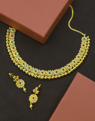 Traditional Look Gold Plated Brass Ruby Stone Choker Necklace Jewellery Set - Aanya