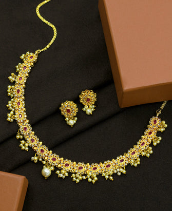 Wedding Traditional Look Gold Plated Brass Ruby Stone Choker Necklace Jewellery Set - Aanya